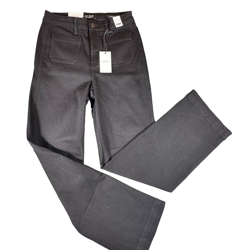 Judy Blue Straight Fit Jeans Juniors 9/29 Black Patch Pocket High Rise Hippie
